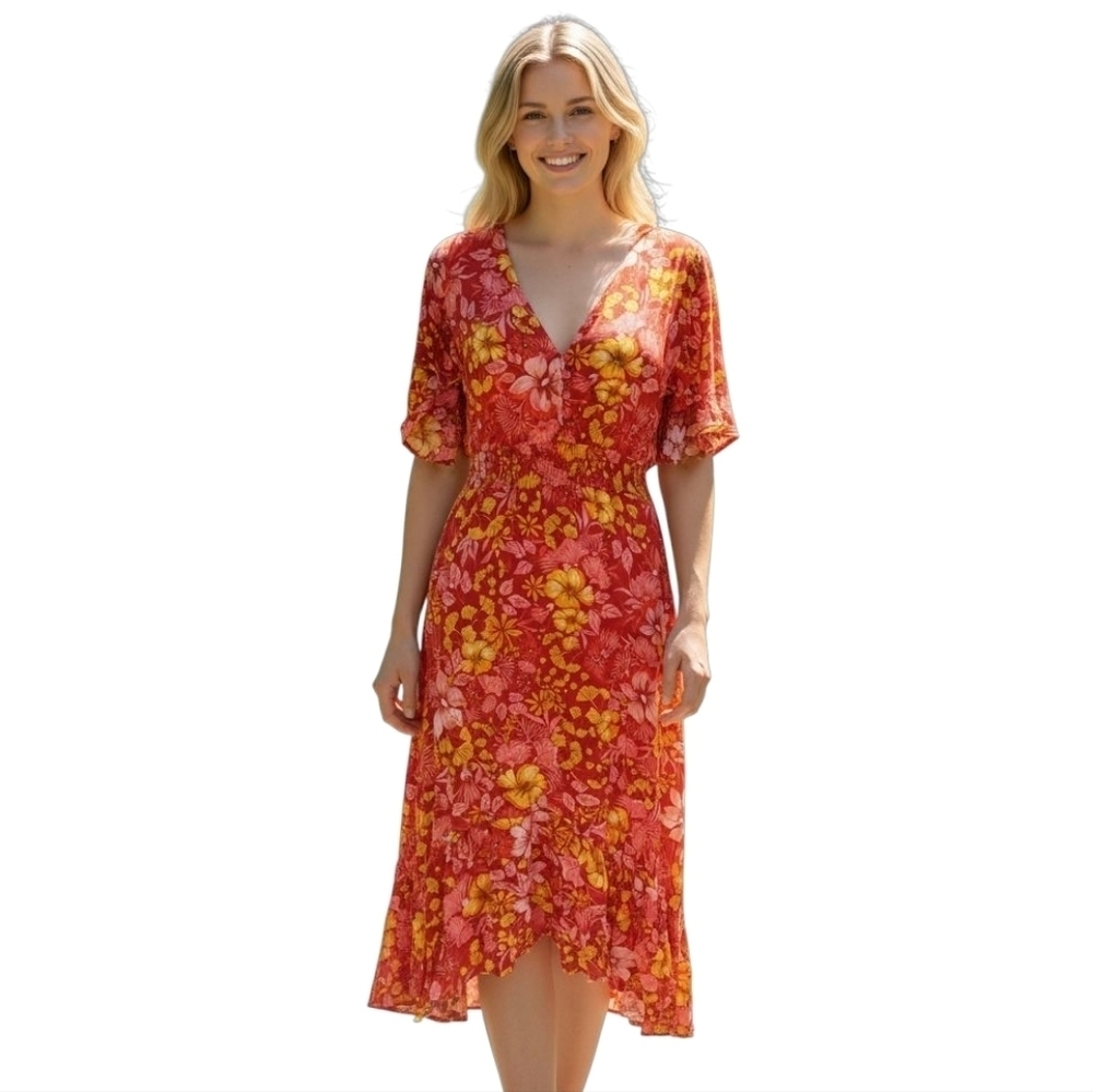 Anthropologie Abel The Label Red Floral Smocked Waist Ruffle Trim Maxi Size XS